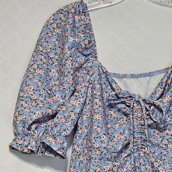 Blue Floral Cottagecore Milkmaid Mini Dress Medium Boho Square Neck Puff‎ Sleeve - Picture 4 of 10